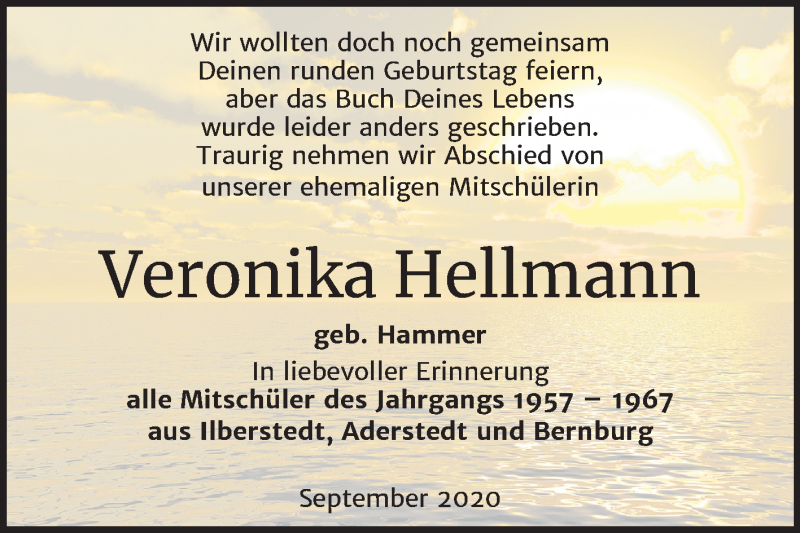  Traueranzeige für Veronika Hellmann vom 12.09.2020 aus Mitteldeutsche Zeitung Bernburg