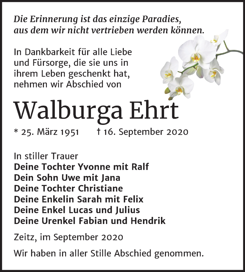  Traueranzeige für Walburga Ehrt vom 26.09.2020 aus Mitteldeutsche Zeitung Zeitz