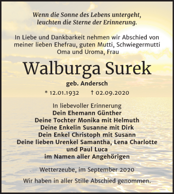 Traueranzeige von Walburga Surek von Super Sonntag Zeitz
