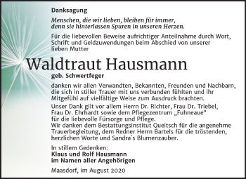 Traueranzeige von Waldtraut Hausmann von Super Sonntag Köthen