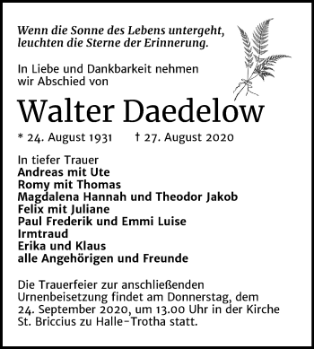 Traueranzeige von Walter Daedelow von Mitteldeutsche Zeitung Halle/Saalkreis