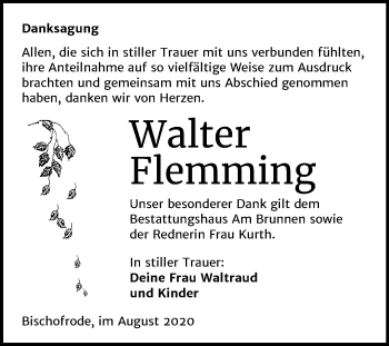 Traueranzeige von Walter Flemming von Wochenspiegel Mansfelder Land
