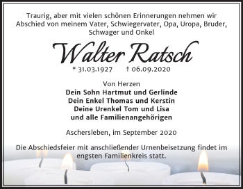Traueranzeige von Walter Ratsch von Mitteldeutsche Zeitung Aschersleben