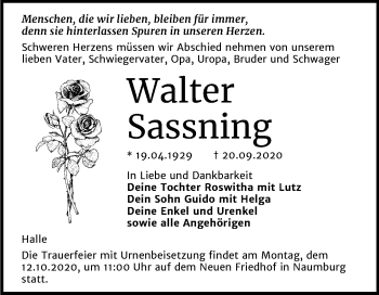 Traueranzeige von Walter Sassning von Mitteldeutsche Zeitung Naumburg/Nebra