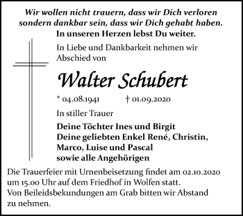 Traueranzeige von Walter Schubert von Wochenspiegel Bitterfeld