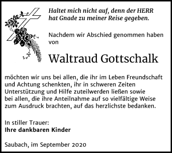 Traueranzeige von Waltraud Gottschalk von Wochenspiegel Naumburg/Nebra