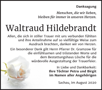 Traueranzeige von Waltraud Hildebrandt von Super Sonntag Wittenberg