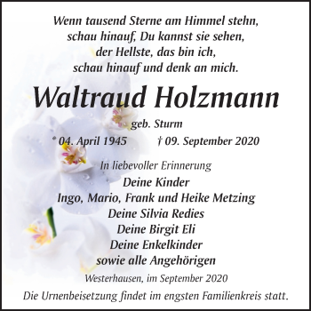 Traueranzeige von Waltraud Holzmann von Mitteldeutsche Zeitung Quedlinburg