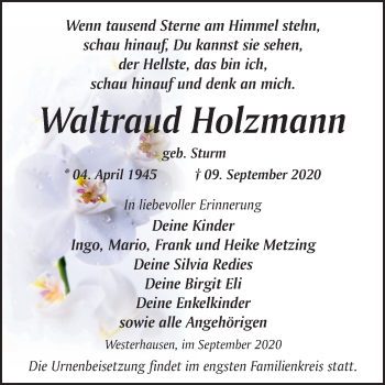 Traueranzeige von Waltraud Holzmann von Super Sonntag Quedlinburg