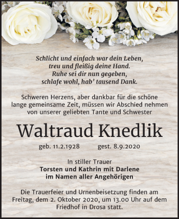 Traueranzeige von Waltraud Knedlik von Super Sonntag Köthen