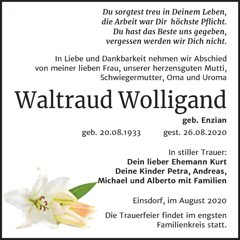  Traueranzeige für Waltraud Wolligand vom 04.09.2020 aus Mitteldeutsche Zeitung Sangerhausen