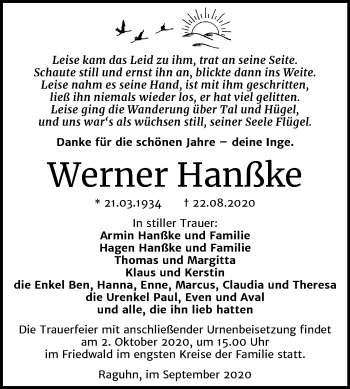 Traueranzeige von Werner Hanßke von Mitteldeutsche Zeitung Bitterfeld
