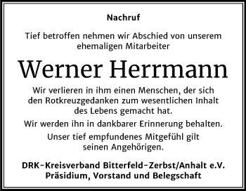 Traueranzeige von Werner Herrmann von Wochenspiegel Bitterfeld