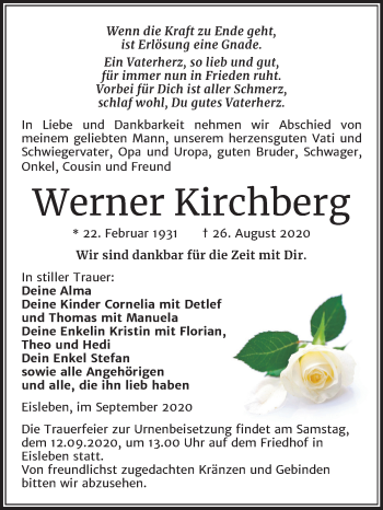 Traueranzeige von Werner Kirchberg von Mitteldeutsche Zeitung Mansfelder Land