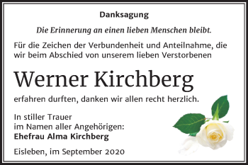 Traueranzeige von Werner Kirchberg von Mitteldeutsche Zeitung Mansfelder Land