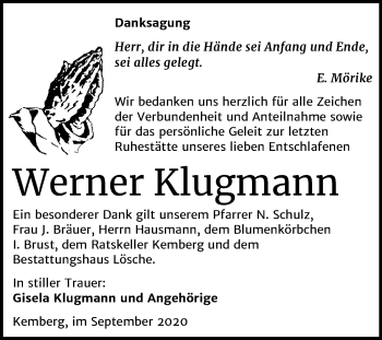 Traueranzeige von Werner Klugmann von Mitteldeutsche Zeitung Wittenberg