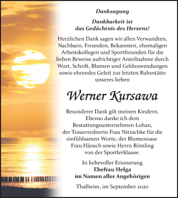 Traueranzeige von Werner Kursawa von Mitteldeutsche Zeitung Bitterfeld