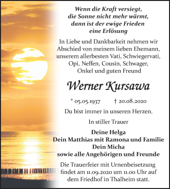 Traueranzeige von Werner Kursawa von Wochenspiegel Bitterfeld