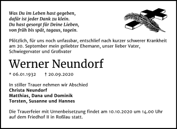 Traueranzeige von Werner Neundorf von Mitteldeutsche Zeitung Dessau-Roßlau