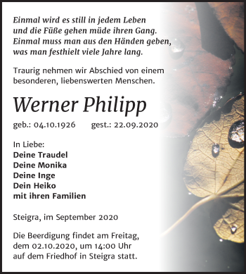 Traueranzeige von Werner Philip von Wochenspiegel Merseburg/Querfurt