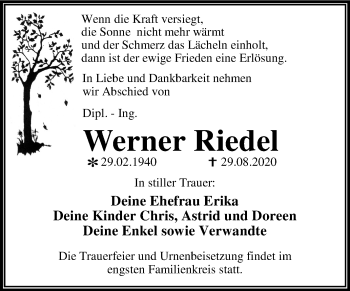 Traueranzeige von Werner Riedel von Super Sonntag Dessau-Roßlau
