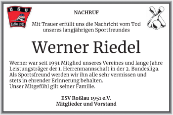 Traueranzeige von Werner Riedel von Mitteldeutsche Zeitung Dessau-Roßlau