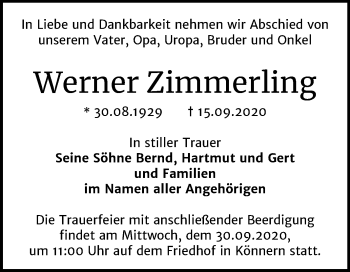 Traueranzeige von Werner Zimmerling von Super Sonntag Bernburg