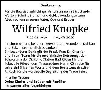 Traueranzeige von Wilfried Knopke von Wochenspiegel Naumburg/Nebra