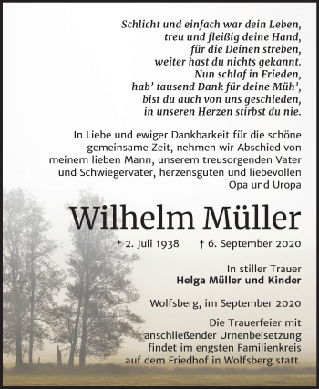 Traueranzeige von Wilhelm Müller von Super Sonntag Sangerhausen