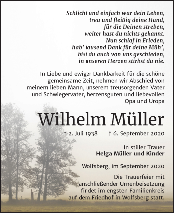 Traueranzeige von Wilhelm Müller von Mitteldeutsche Zeitung Sangerhausen