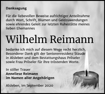 Traueranzeige von Wilhelm Reimann von Super Sonntag Bernburg