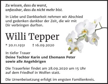Traueranzeige von Willi Tepper von Mitteldeutsche Zeitung Bitterfeld