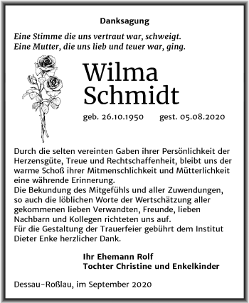Traueranzeige von Wilma Schmidt von Mitteldeutsche Zeitung Dessau-Roßlau