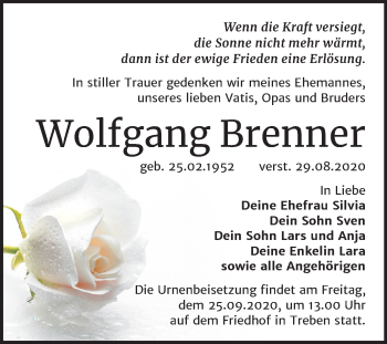 Traueranzeige von Wolfgang Brenner von Wochenspiegel Weißenfels
