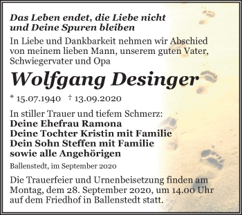 Traueranzeige von Wolfgang Desinger von Mitteldeutsche Zeitung Aschersleben / Quedlinburg