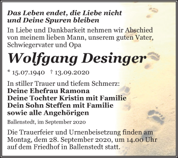 Traueranzeige von Wolfgang Desinger von Super Sonntag Aschersleben / Quedlinburg