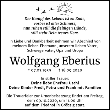 Traueranzeige von Wolfgang Eberius von Mitteldeutsche Zeitung Köthen