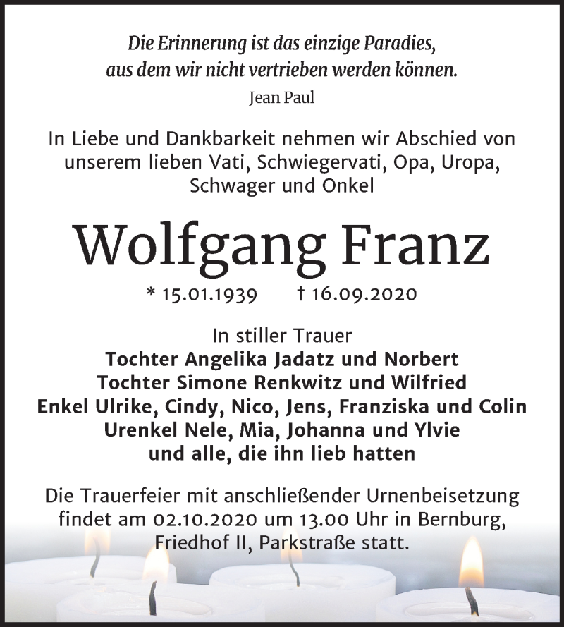  Traueranzeige für Wolfgang Franz vom 26.09.2020 aus Super Sonntag Bernburg