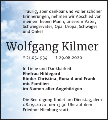 Traueranzeige von Wolfgang Kilmer von Super Sonntag Bernburg