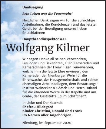 Traueranzeige von Wolfgang Kilmer von Mitteldeutsche Zeitung Bernburg