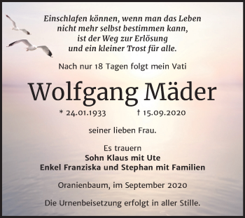 Traueranzeige von Wolfgang Mäder von Super Sonntag Wittenberg