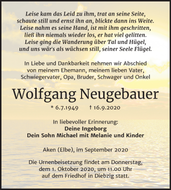 Traueranzeige von Wolfgang Neugebauer von Mitteldeutsche Zeitung Köthen