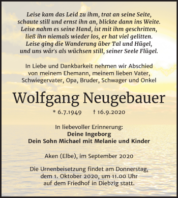 Traueranzeige von Wolfgang Neugebauer von Super Sonntag Köthen