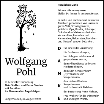 Traueranzeige von Wolfgang Pohl von Mitteldeutsche Zeitung Sangerhausen
