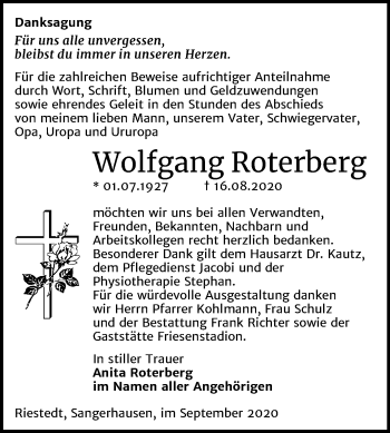 Traueranzeige von Wolfgang Roterberg von Mitteldeutsche Zeitung Sangerhausen