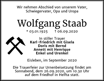 Traueranzeige von Wolfgang Staab von Mitteldeutsche Zeitung Mansfelder Land