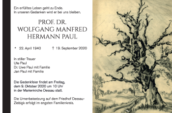 Traueranzeige von Wolfgang Manfred Hermann Paul von Mitteldeutsche Zeitung Dessau-Roßlau