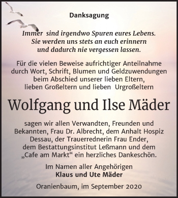 Traueranzeige von Wolfgang und Ilse  Mäder von Mitteldeutsche Zeitung Wittenberg