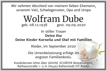 Traueranzeige von Wolfram Dube von Super Sonntag Quedlinburg