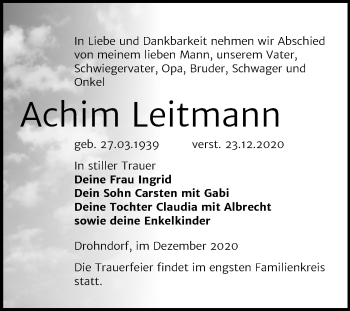 Traueranzeige von Achim Leitmann von Super Sonntag Aschersleben